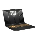 ASUS TUF Gaming A16 FA607NUQ black laptop with gold backlit keyboard and TUF logo on 16-inch display
