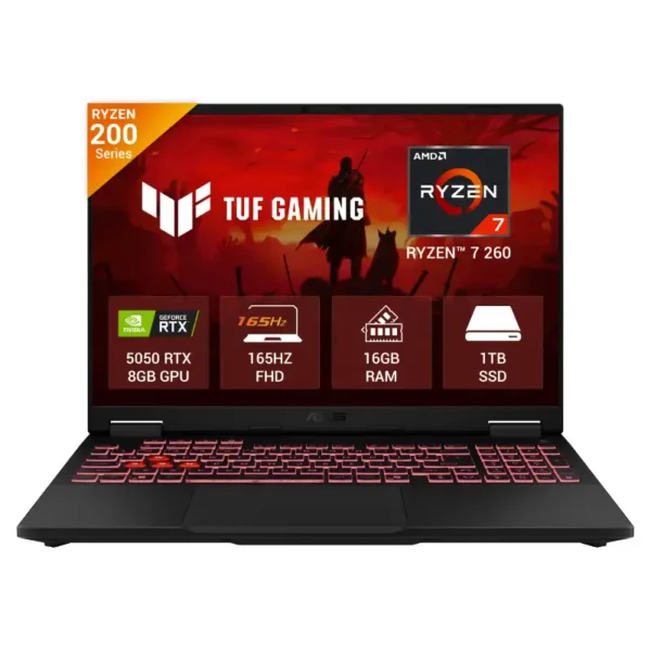 ASUS TUF Gaming A16 laptop with AMD Ryzen 7 260, RTX 5050 8GB GPU, 16GB RAM, 1TB SSD, and 165Hz FHD display.