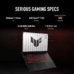 ASUS TUF Gaming A16 laptop with AMD Ryzen 7 260, 16GB DDR5 RAM, 1TB SSD, and RTX 5050 GPU.