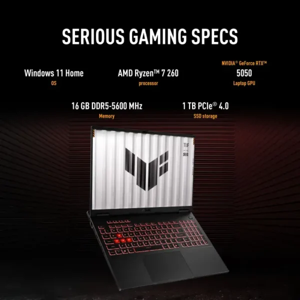 ASUS TUF Gaming A16 laptop with AMD Ryzen 7 260, 16GB DDR5 RAM, 1TB SSD, and RTX 5050 GPU.