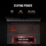 ASUS TUF Gaming A16 laptop keyboard with red backlighting and "90Wh BATTERY" text.