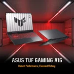 ASUS TUF Gaming A16 laptop with red backlit keyboard and TUF logo on screen, displayed in a modern industrial setting.
