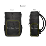 Black ASUS TUF Gaming Backpack VP5700 exterior front and side views highlighting zipper and side pockets.