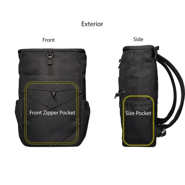 Black ASUS TUF Gaming Backpack VP5700 exterior front and side views highlighting zipper and side pockets.