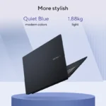 ASUS VivoBook 16 X1607AA laptop in Quiet Blue color, weighing 1.88kg, displayed at an angle on a blue pedestal.