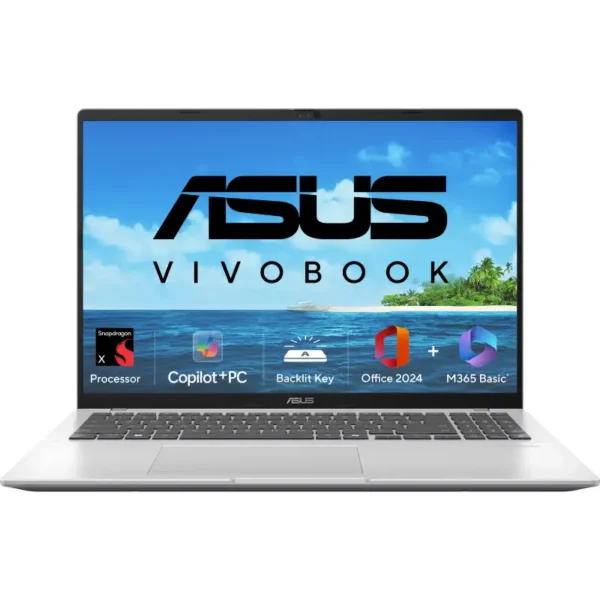 ASUS VivoBook 16 silver laptop open showing Snapdragon X processor Copilot+ PC backlit keyboard Office 2024 M365 Basic featur