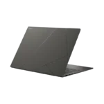 ASUS Zenbook S 14 OLED UX5406SA laptop in dark gray with geometric angular lid design, shown from rear three-quarter view.