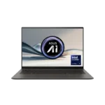 ASUS Zenbook S 14 OLED laptop front view displaying ASUS AI branding and Intel Core Ultra 7 badge on screen.