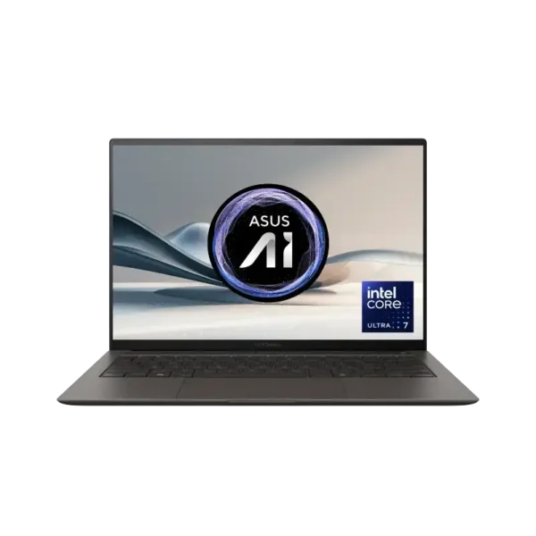 ASUS Zenbook S 14 OLED laptop front view displaying ASUS AI branding and Intel Core Ultra 7 badge on screen.