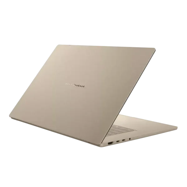 ASUS Zenbook A16 OLED UX3607OA-SQ083WS laptop in a light gold color, showing the lid and ports.