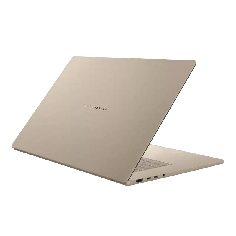 ASUS Zenbook A16 OLED UX3607OA-SQ083WS laptop in a light gold color, showing the lid and ports.