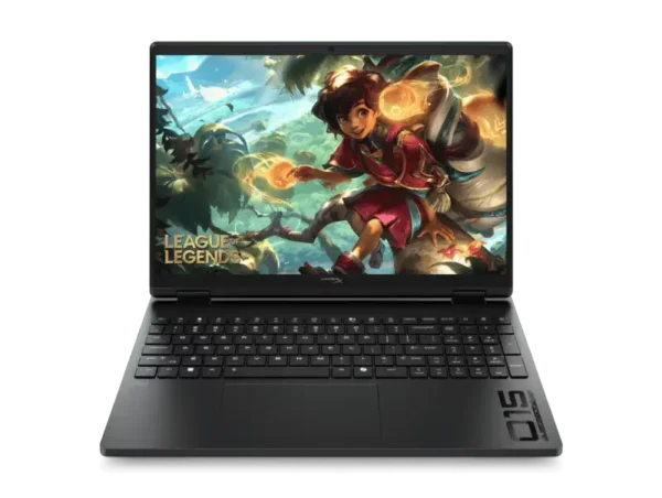HP OMEN 15-ga0028TX laptop with League of Legends wallpaper, 24GB RAM, and RTX 5050 graphics.