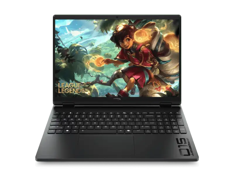 HP OMEN 15-ga0028TX laptop with League of Legends wallpaper, 24GB RAM, and RTX 5050 graphics.