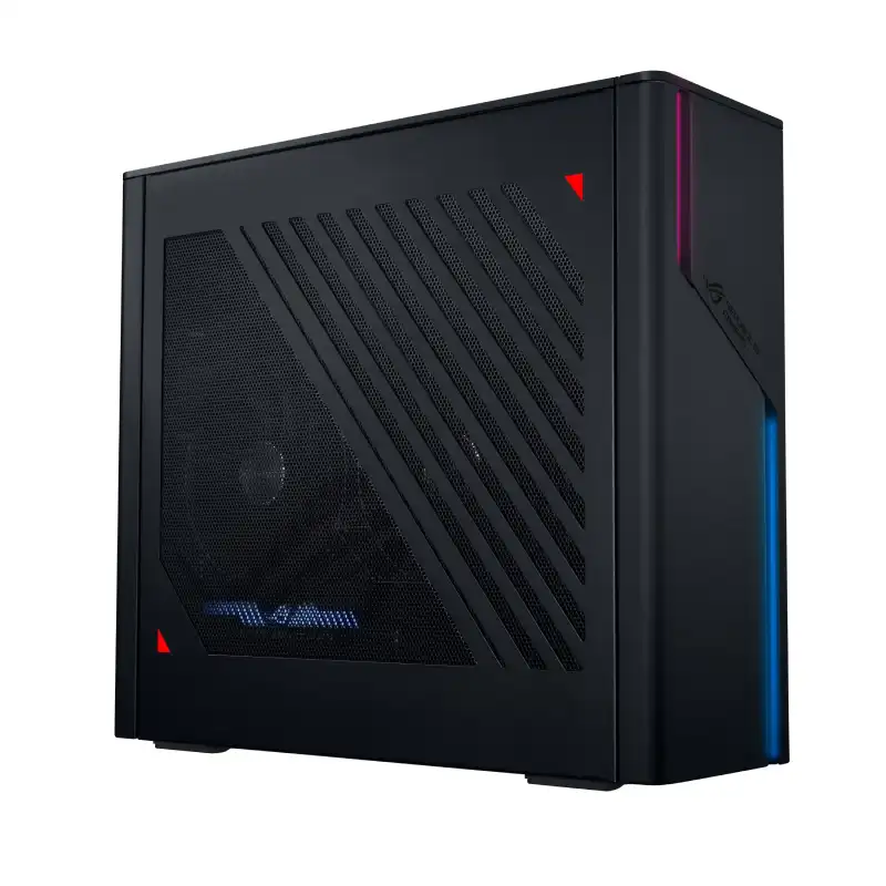 ASUS ROG Strix G22CH-71470F004WS black gaming desktop with RGB lighting and mesh panel.