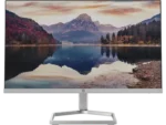 HP M22f FHD 21.5-inch IPS 75Hz monitor displaying a scenic mountain lake reflection.