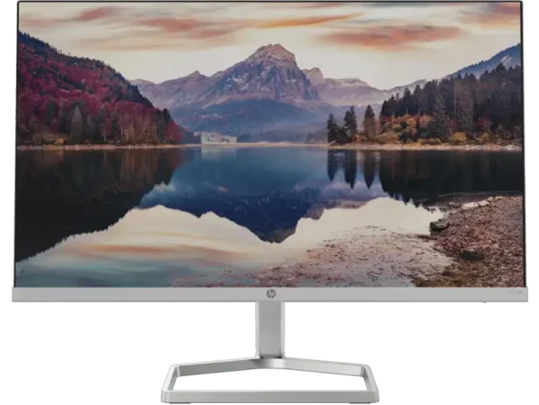 HP M22f FHD 21.5-inch IPS 75Hz monitor displaying a scenic mountain lake reflection.