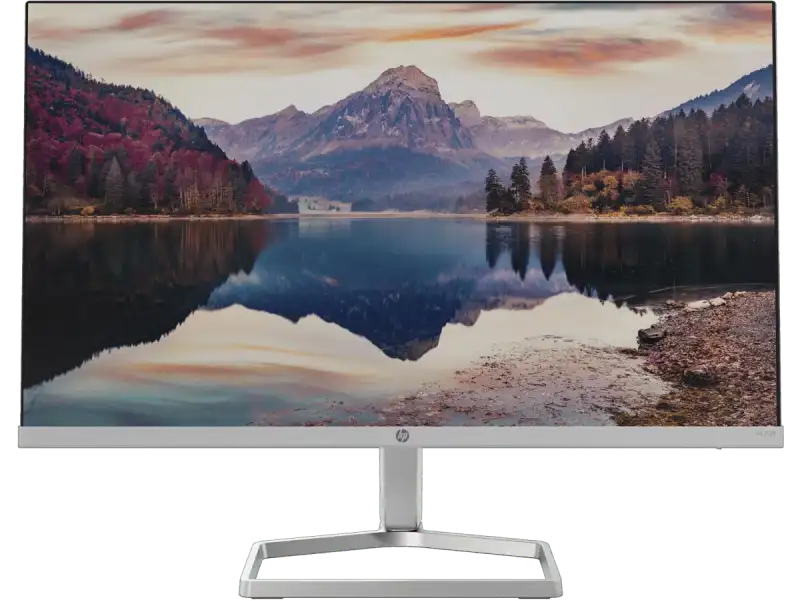 HP M22f FHD 21.5-inch IPS 75Hz monitor displaying a scenic mountain lake reflection.