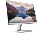 HP M22f FHD 21.5-inch IPS monitor with 75Hz refresh rate, displaying a mountain lake reflection.