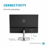 Rear view of HP M22f FHD Monitor showing HDMI, VGA ports and cable management.