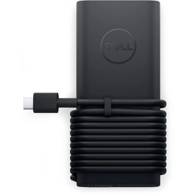 Black Dell 65W USB-C AC adapter with integrated cable, available at YourShoppy.com for compatible laptop charging.