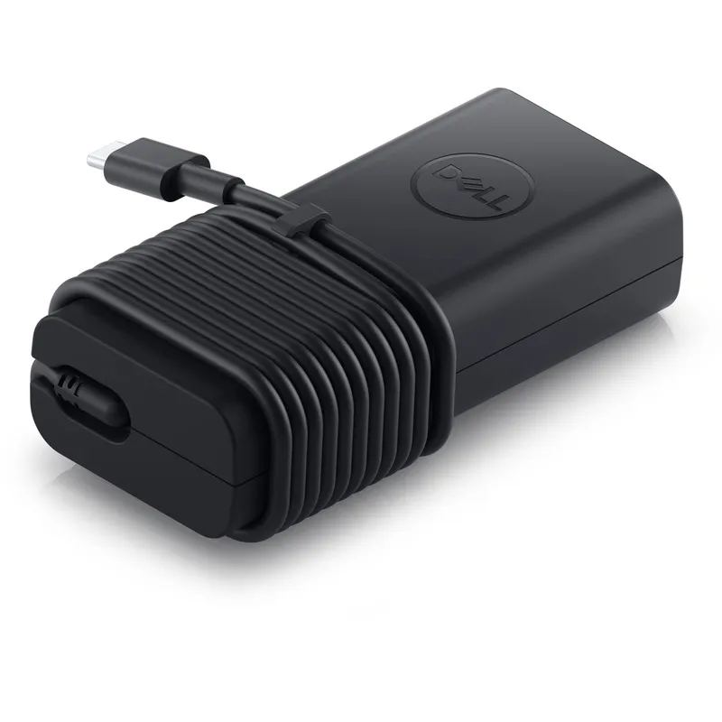 Dell 65W USB-C AC adapter with a coiled cable for efficient laptop charging, available at YourShoppy.com in Koramangala.