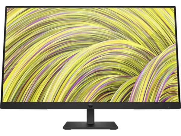 HP P27h G5 27-inch FHD IPS monitor with 75Hz refresh rate displaying abstract yellow and purple lines.