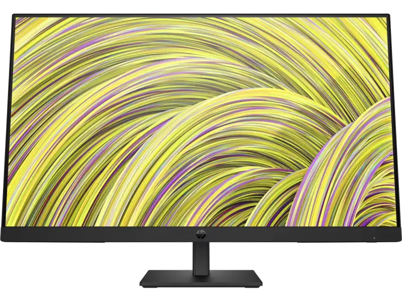 HP P27h G5 27-inch FHD IPS monitor with 75Hz refresh rate displaying abstract yellow and purple lines.