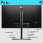 HP E27k G5 4K USB-C Monitor rear ports: Security Lock, AC Power, HDMI 2.0, RJ-45, USB-C 3.2, USB 3.2, DisplayPort 1.4.