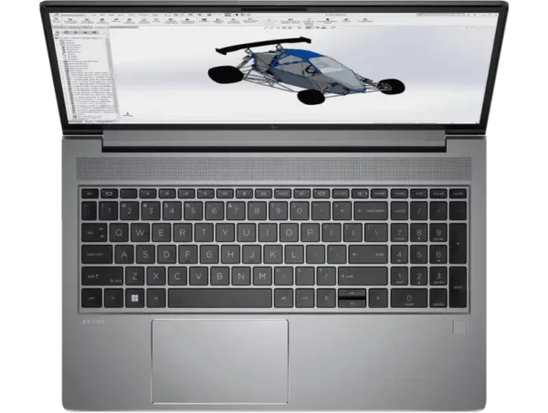 HP ZBook Power G10 laptop with 3D CAD model of a vehicle displayed on screen.