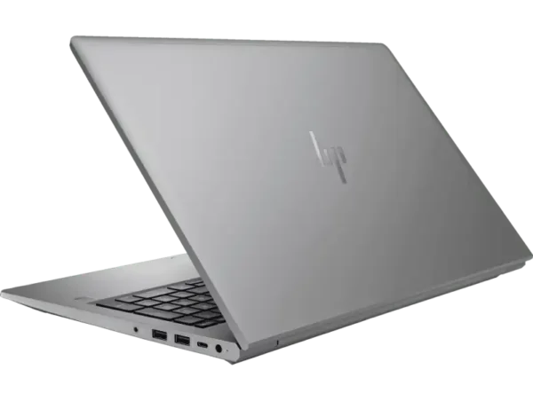 Silver HP ZBook Power G10 laptop with HP logo, showing keyboard and ports.