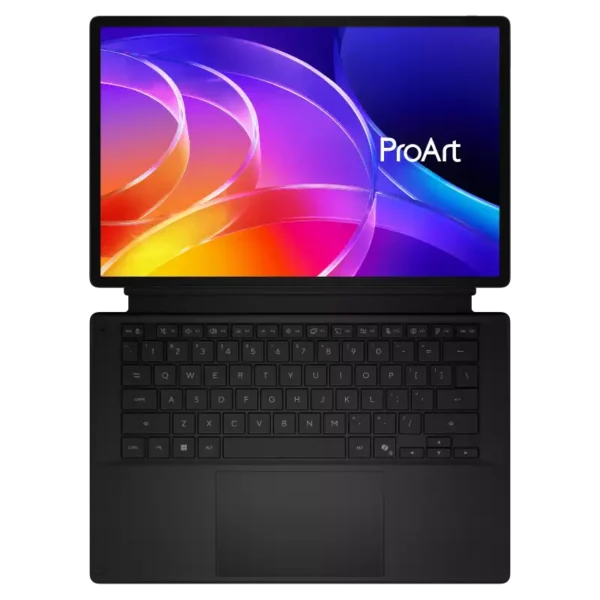 Asus ProArt PZ14 HT7407NA-SN024WS laptop with a vibrant ProArt display and keyboard.