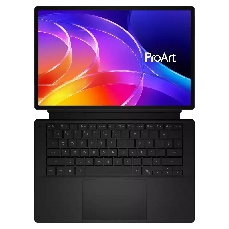 Asus ProArt PZ14 HT7407NA-SN024WS laptop with a vibrant ProArt display and keyboard.
