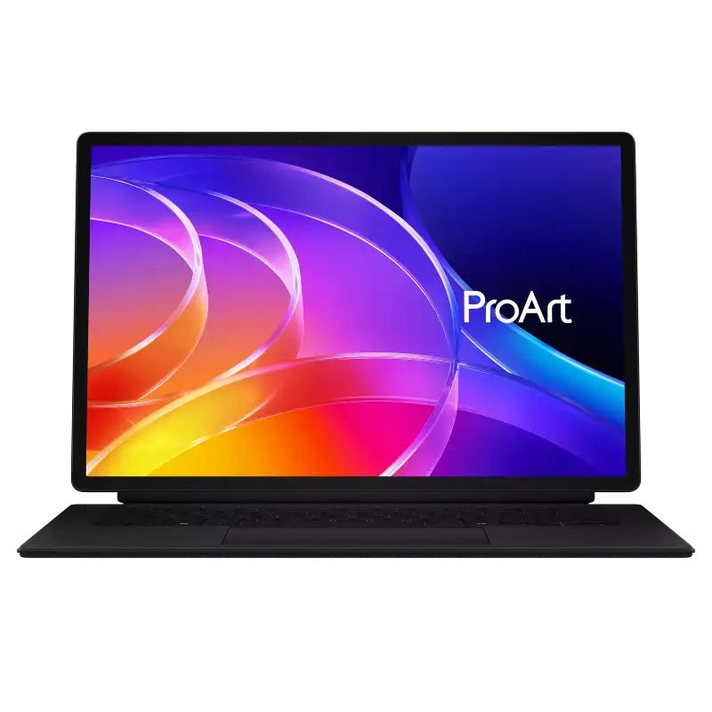 Asus ProArt PZ14 laptop with vibrant screen and ProArt branding.