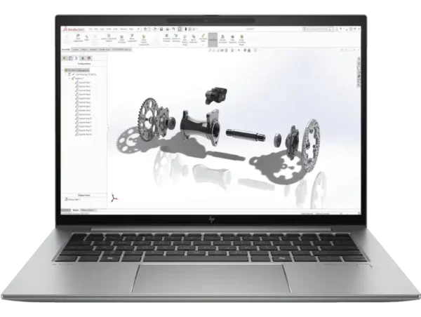 HP ZBook Firefly G11 14-inch laptop with 16GB RAM displaying 3D CAD assembly.
