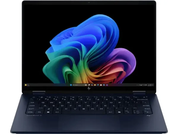 HP OmniBook X Flip 14-fm0029TU laptop in blue with Intel Core Ultra 7, 32GB RAM, 1TB SSD, and 14" 3K OLED touchscreen.