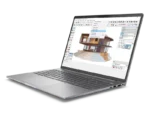 HP ZBook 16 Mobile Workstation with Intel Core Ultra 5, RTX 500 Ada, and 16GB RAM displays 3D architectural design.