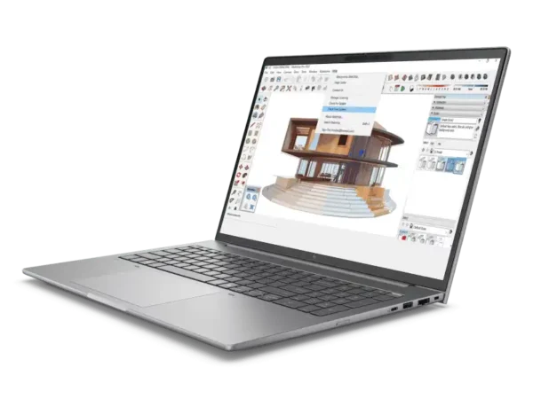 HP ZBook 16 Mobile Workstation with Intel Core Ultra 5, RTX 500 Ada, and 16GB RAM displays 3D architectural design.