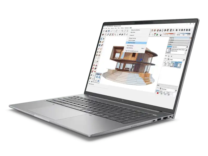 HP ZBook 16 Mobile Workstation with Intel Core Ultra 5, RTX 500 Ada, and 16GB RAM displays 3D architectural design.