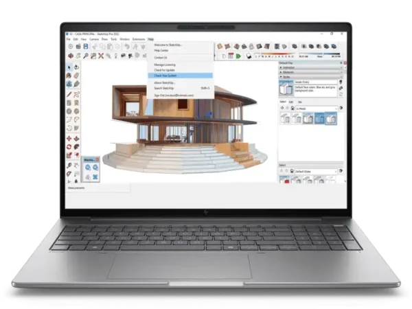 HP ZBook 16 Mobile Workstation with Intel Core Ultra 5, RTX 500 Ada GPU, and 16GB RAM, displaying SketchUp software.