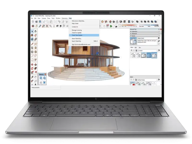HP ZBook 16 Mobile Workstation with Intel Core Ultra 5, RTX 500 Ada GPU, and 16GB RAM, displaying SketchUp software.