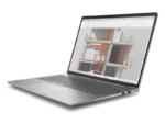 Silver HP ZBook X G1i mobile workstation laptop with 16-inch screen displaying architectural design.