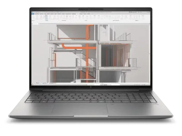 HP ZBook X G1i 16-inch mobile workstation laptop displaying architectural 3D model with orange pipes.