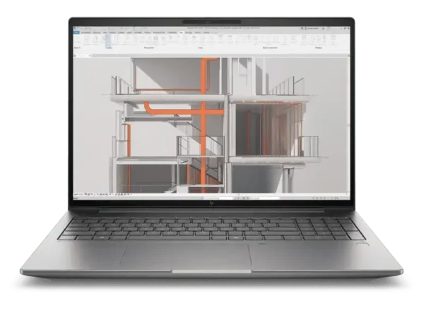 HP ZBook X G1i mobile workstation laptop with 16-inch screen and 32GB RAM displaying architectural design.