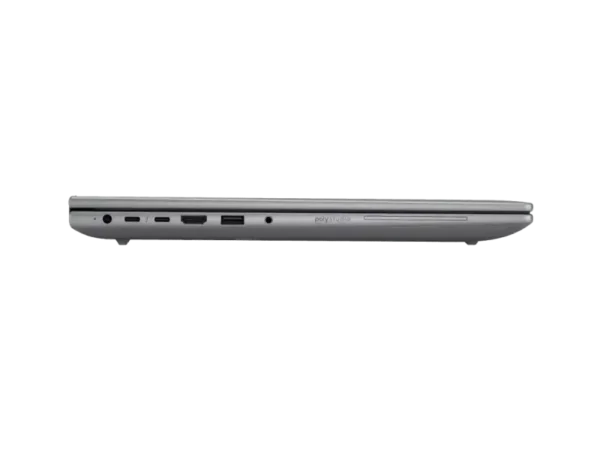 HP ZBook X G1i laptop side view showing ports and poly studio branding.