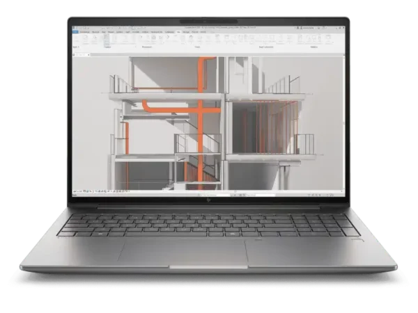 HP ZBook X G1i laptop displaying 3D building design software with orange pipes and structural elements.