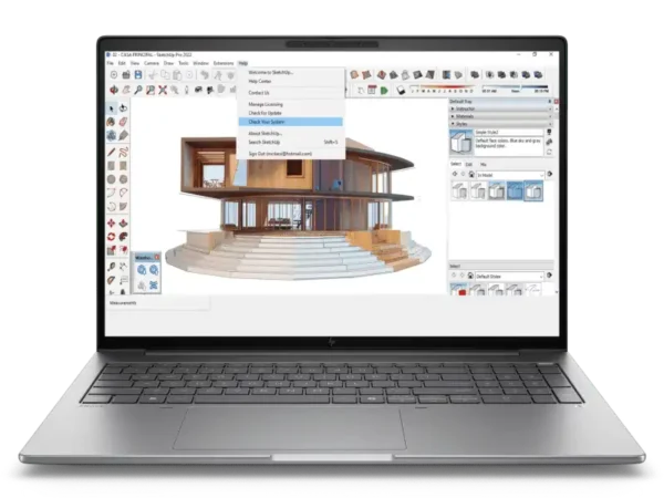 HP ZBook 8 40.6 cm (16) G1i mobile workstation laptop displaying SketchUp software with a 3D house model.