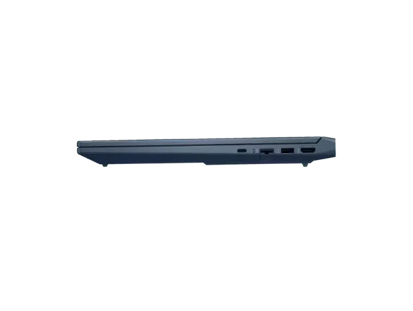 Side view of a blue HP Victus gaming laptop showing USB-C, USB-A, and HDMI ports.