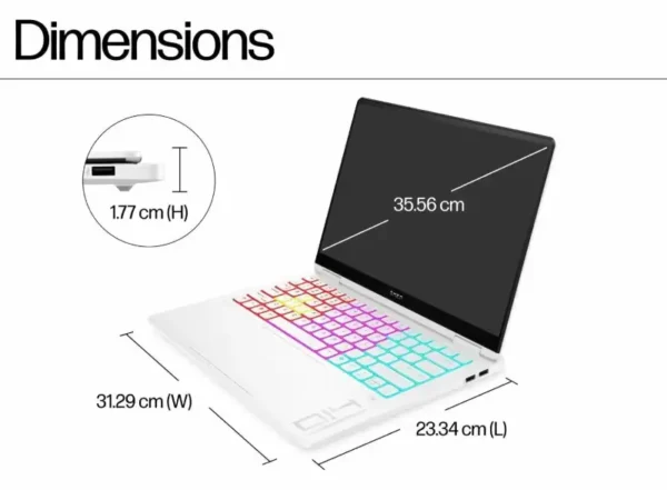 HP OMEN Transcend laptop dimensions: 35.56 cm screen, 31.29 cm width, 23.34 cm length, 1.77 cm height.