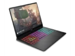 HP OMEN Transcend 14-inch laptop with vibrant RGB keyboard and Sea of Thieves game on screen.