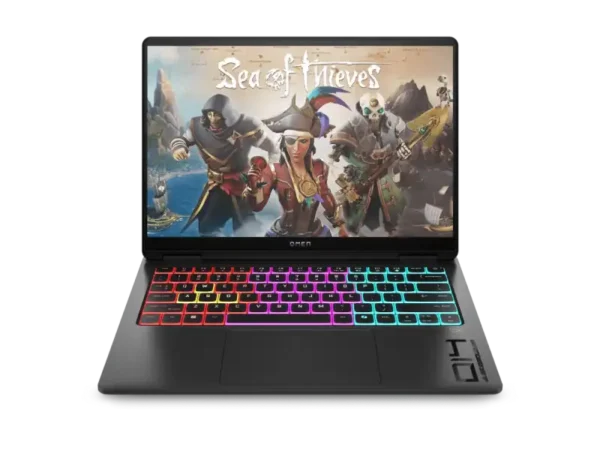 HP OMEN Transcend 14-fb1031TX laptop with a vibrant "Sea of Thieves" wallpaper and RGB backlit keyboard.